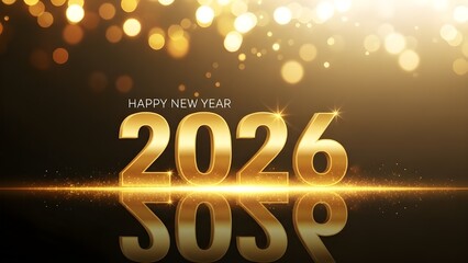 Happy New Year 2026 Golden Celebration with Sparkling Lights and Reflections - Festive Background