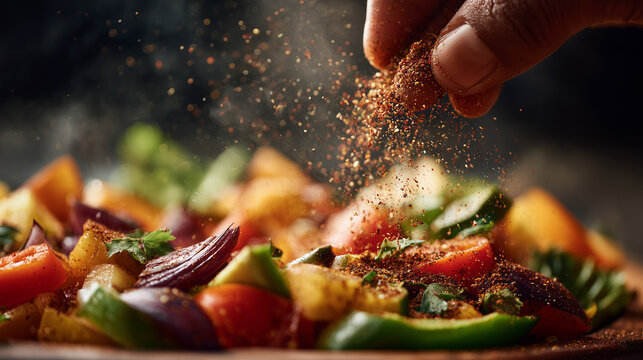 Hand sprinkling ground cumin over fresh vegetable dish with vibrant ingredients realistic texture