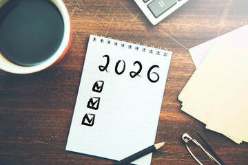 2026 text on notepad with coffee
