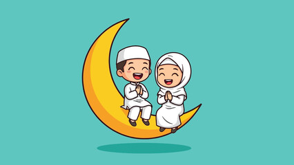 Cute Muslim Children Cartoon Sitting on Crescent Moon Illustration.