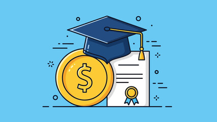 Education finance concept with graduation cap dollar coin and diploma.