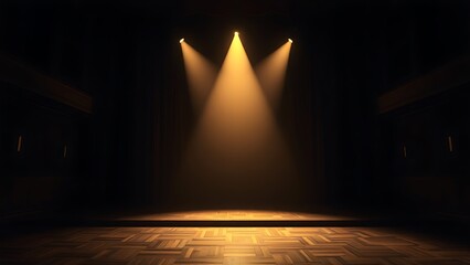 backstage. Empty theater stage with a solitary golden spotlight, creating a dramatic and mysterious ambiance. event programs.