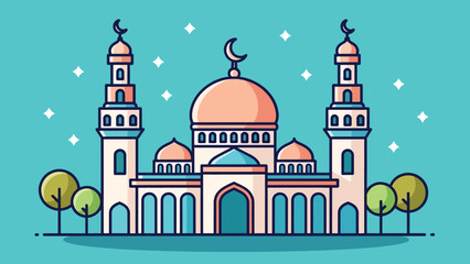 Flat design cartoon mosque illustration with peach dome and twin minarets.