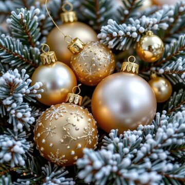 A square close up composition of gold and pearl ornaments nestled in frosted pine branches with shim