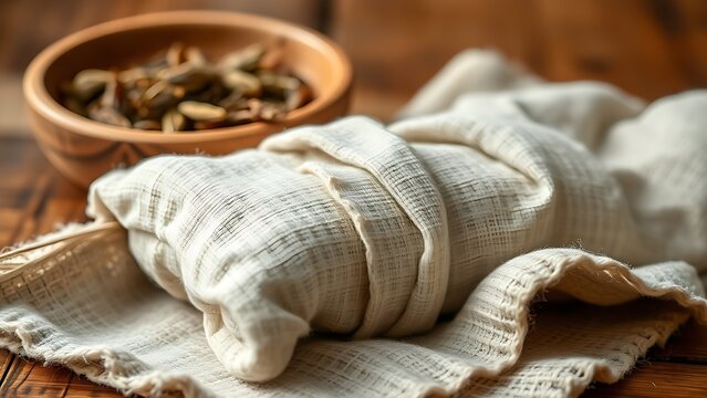 poultice. Herbal poultice wrapped in linen cloth beside a wooden bowl of dried herbs, natural remedy concept. menu design.