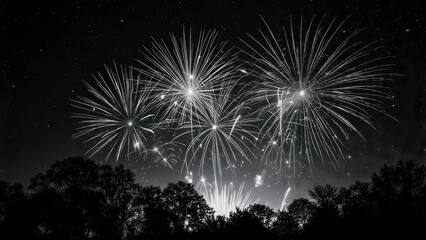 Spectacular Fireworks Display Illuminating the Night Sky Above Trees.