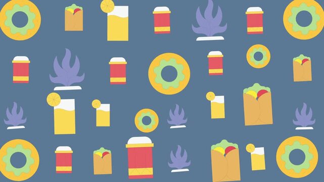 Pattern of Various Beverage Containers and Coffee Cups on Dark Background, Graphic Design, Flat Lay View, Colorful and Minimalist Concept