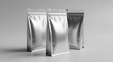 Three metallic silver standup pouches with resealable zippers, presented on a neutral gray background