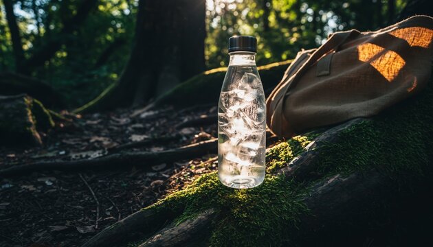 Clear plastic water bottle filled with ice and water, resting on mossy ground in a sun-dappled forest with a bag in the background
