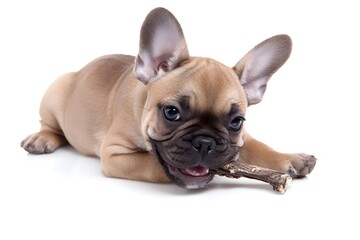 Fototapeta premium A French Bulldog puppy chews on a wooden stick lying down.