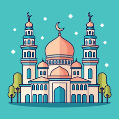 Ornate mosque with multiple domes tall minarets and crescent moon symbol.