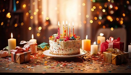 Happy Birthday Celebration with Candles, Cake, and Gift Boxes on a Wooden Table