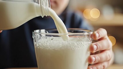 Close up of hands pouring fresh milk from a glass bottle into a clear drinking glass