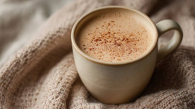 Single cup of almond chai on warm taupe backdrop, soft holiday neutrality - Powered by Adobe