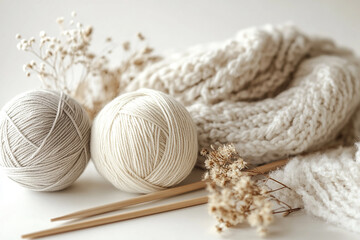 Soft yarn balls with needles and flowers generated.AI