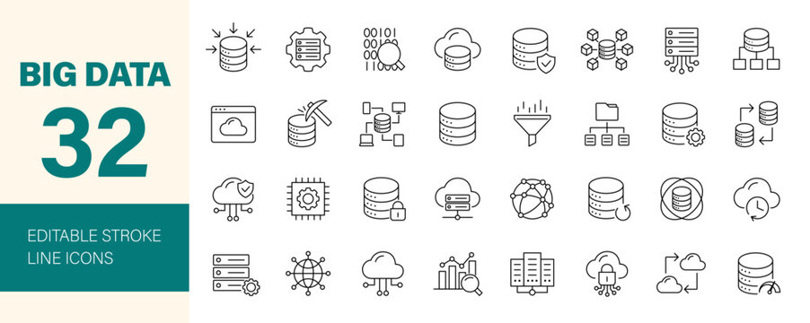 Big Data icon set. Editable line icons. Vector illustration.