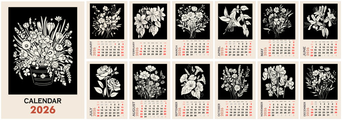 Sophisticated black and white calendar 2026 with minimalist floral illustrations and clear monthly grids, high contrast botanical style