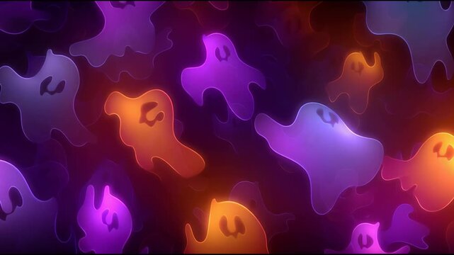 Abstract background with glowing, colorful, cartoon-like ghost shapes floating in the dark, creating a spooky yet playful atmosphere.