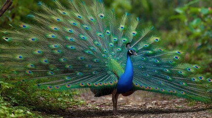 Obraz premium A peacock shows its bright and colorful feathers in a forest area. The bird stands proudly on a pathway surrounded by green plants under natural light.