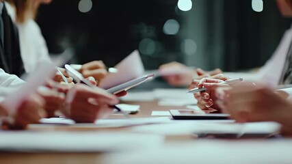 Cinematic close-up of diverse business professionals actively collaborating in a corporate meeting, engaging with digital tablets and documents in a modern office setting. - Powered by Adobe