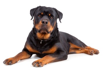 Obraz premium A Rottweiler dog rests comfortably on a white background.