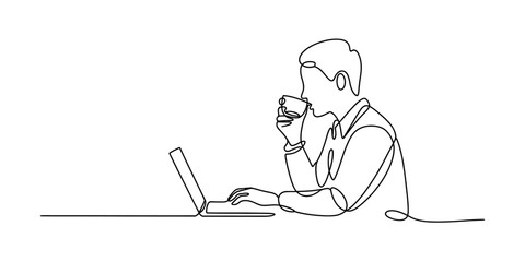 Continuous line drawing of a person working on a laptop and drinking coffee Vector, illustration