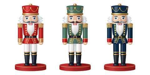 Realistic Christmas Nutcracker Figures, Red Green White Gold Blue Festive Soldiers, Semi-Realistic Vector Illustration