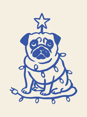 Pug dog in Christmas lights doodle outline vector illustration