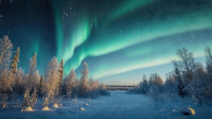 Stunning Aurora Borealis over a Winter Wonderland Landscape.