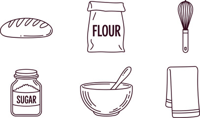 Simple line art illustration of baking ingredients and kitchen tools including bread, flour bag, sugar jar, whisk, bowl and cloth