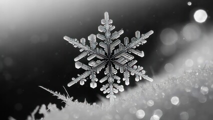 Stunning black and white macro photograph of a single perfect snowflake.