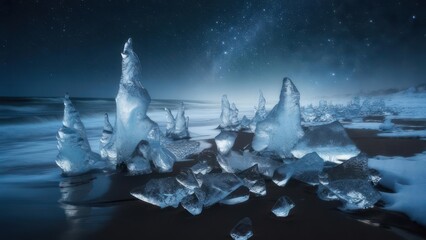 Stunning Ice Formations Under a Starry Night Sky on a Frozen Lake.