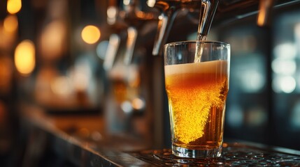A bartender pours a golden beer into a clear glass. The bar is lively with lights glowing in the background. Customers wait at the counter enjoying drinks and chatting.