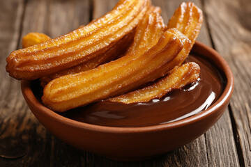 Churros dusted with sugar with chocolate dip sauce, traditional dessert generated.AI