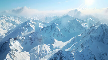aerial view of snowy mountain range icy peaks