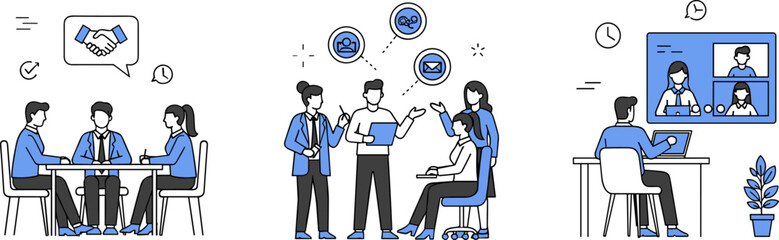 Business communication illustration, team meeting, collaboration, video conferencing, workplace interaction, black and white vector, modern office concept, professional discussion scenes