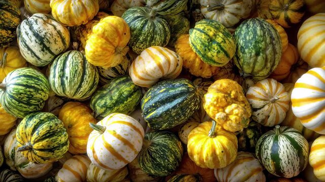 Overhead view of a colorful assortment of gourds and pumpkins squash autumn