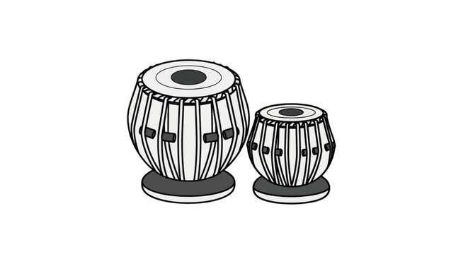 Detailed Black and White Illustration of Two Indian Tabla Drums.