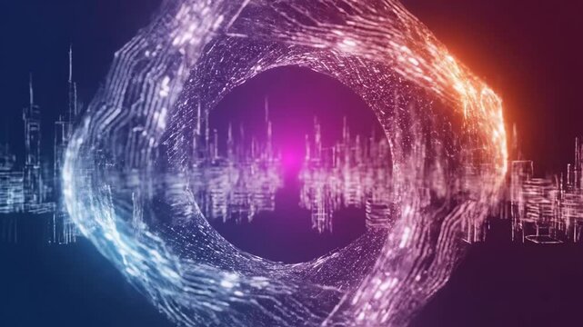 Dynamic digital scene featuring glowing data spheres and neon gridlines representing a high-tech futuristic cityscape and virtual universe environment