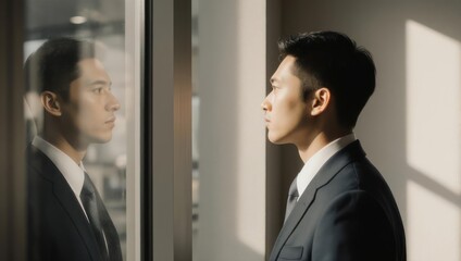 Thoughtful Asian businessman looking out window with reflection, contemplating future career.