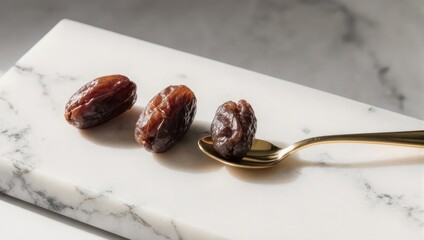 Three sweet Medjool dates on a white marble board with a golden spoon.