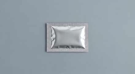 A single silver foil sachet, sealed and empty, lies centered on a textured grid pattern against a plain gray background