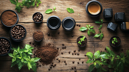 Close up of coffee capsules and beans on wooden table generated.AI