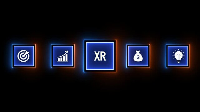 Extended Reality XR Business Icons with Glowing Neon Borders on Black Background technology