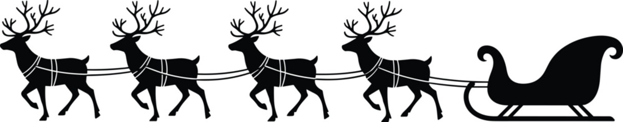 Black Silhouette Vector Illustration of a Classic Santa Sleigh Pulled by a Team of Five Reindeer, Minimalist Christmas and Winter Holiday Season Graphic Design Element, Isolated