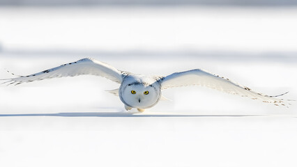 Fototapeta premium Snowy Owl Flying Low Over White Snow Field