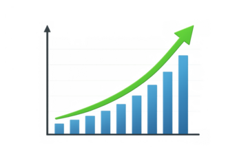 Bar chart showing business growth and market success with an upward trend arrow on transparent background