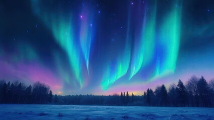 Vibrant Aurora Borealis Over a Snowy Winter Forest Landscape.
