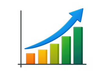 Bar graph with increasing trend and growing arrow showing business success, financial growth, and market development on clear background