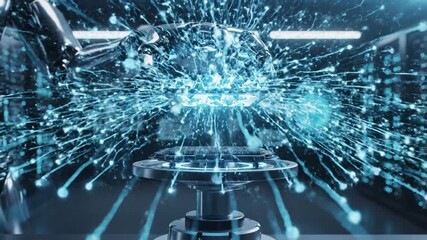 Robotic hand interacting with futuristic crystal technology in a data center - Powered by Adobe